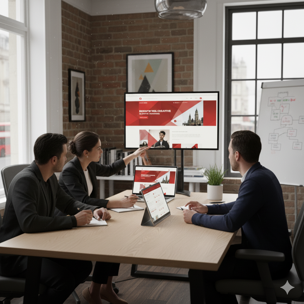 Three business professionals in meeting reviewing presentation on monitor.