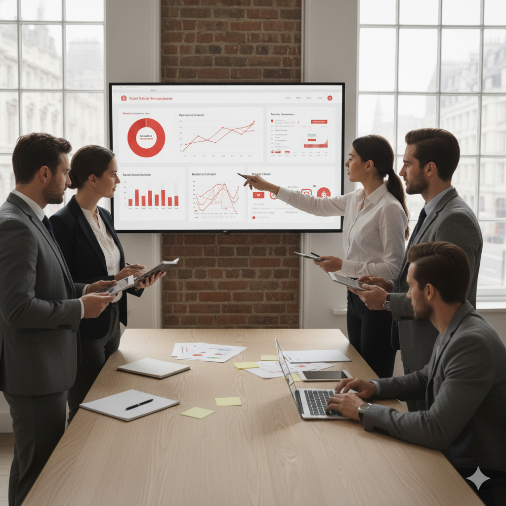 Three business professionals in meeting reviewing presentation on monitor.